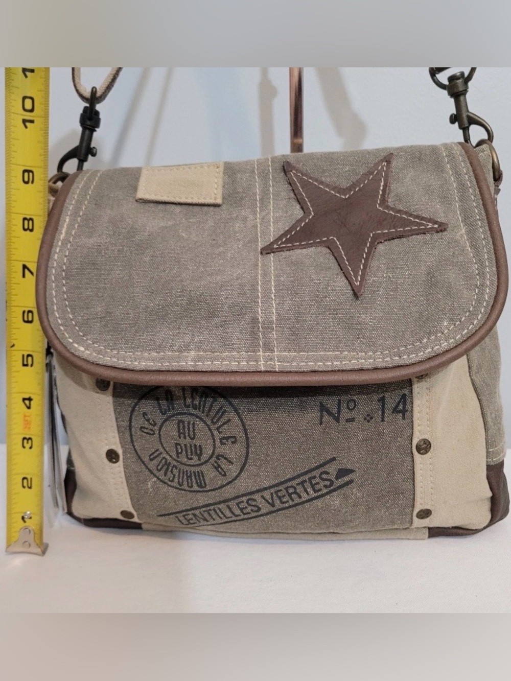 Myra Bag Canvas Leather Star Brown Trim Shoulder Bag Khaki Taupe - Picture 16 of 16